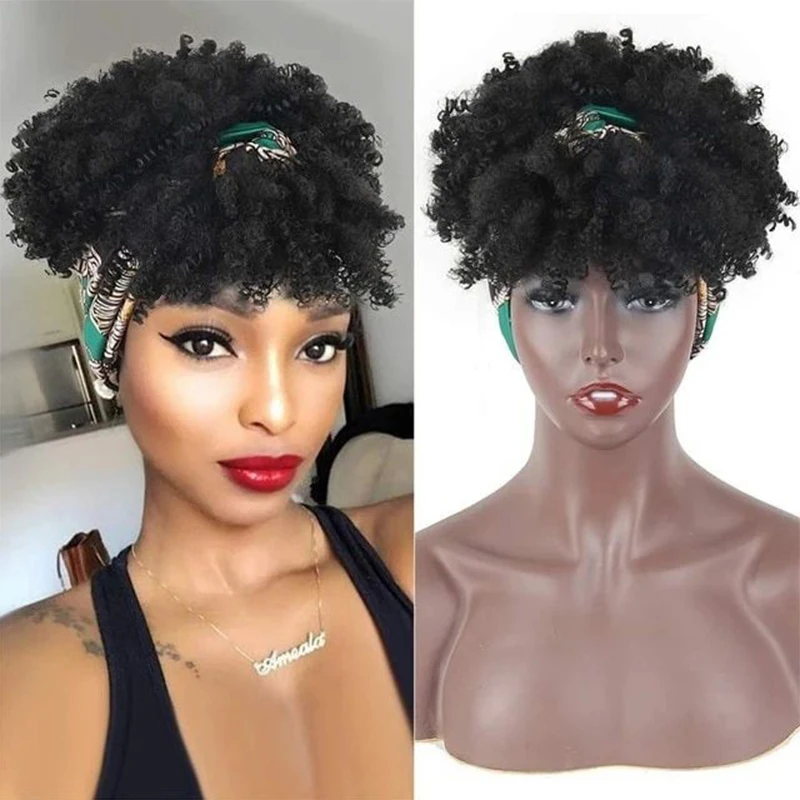 

Short Kinky Curly Wig with Headband Afro Curly Scarf Wig for Black Women Natural Ombre Fluffy Cosplay Curly Wigs Heat Resistant