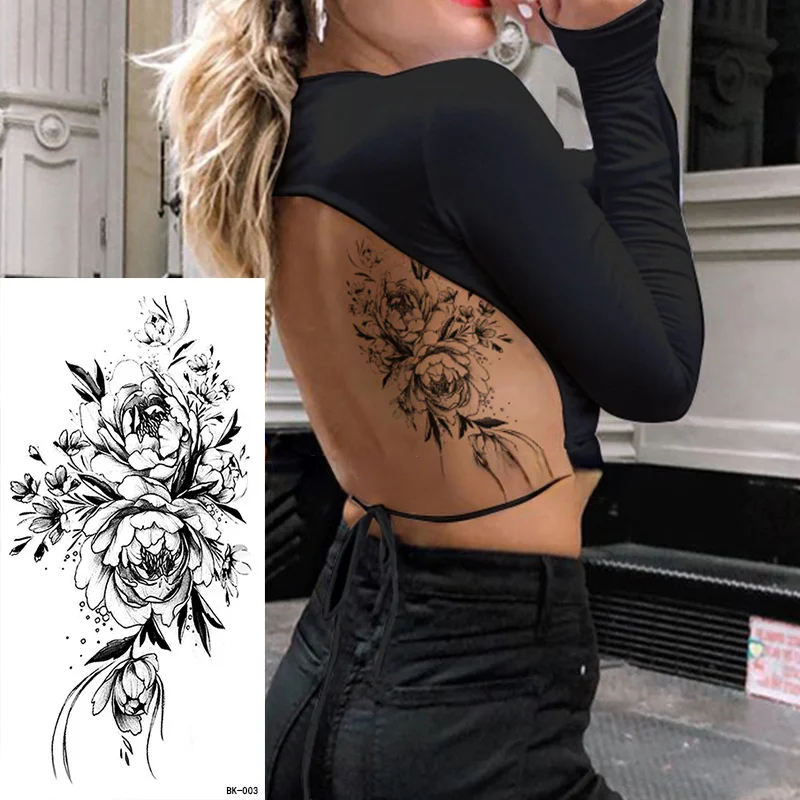 

Large Size Black Flower Pattern Fake Tattoo Sticker for Women Dot Rose Peony Temporary Tattoos DIY Water Transfer Tattoos Girls