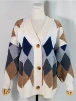 Plaid Chic Cardigans Button Puff Sleeve Checkered Oversized Women's Sweaters Winter Spring Sweater Tops - Image 5