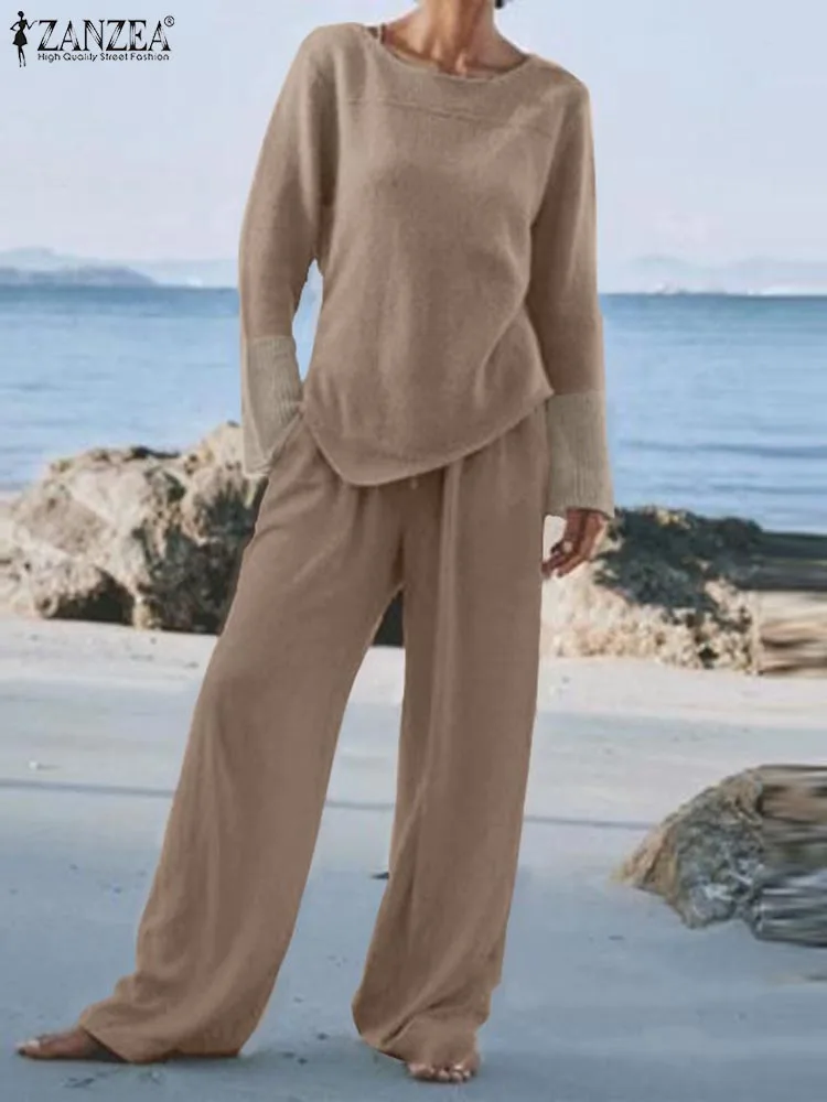 

Осенний винтажный комплект ZANZEA, Женский Повседневный Кружевной Костюм в стиле пэчворк, Топ с длинным рукавом и широкие брюки, элегантный спортивный костюм из 2 предметов, 2023