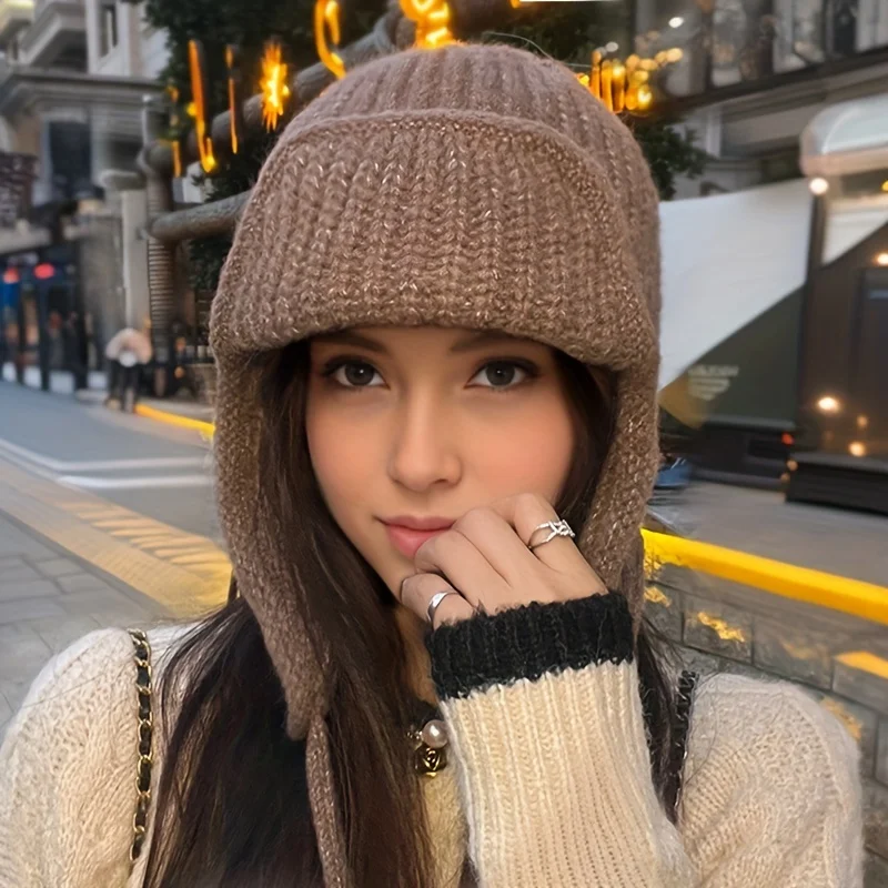 Solid color warm ear protection knitted hat for children in autumn and winter with tied wool hat, fashionable thickened hat 3