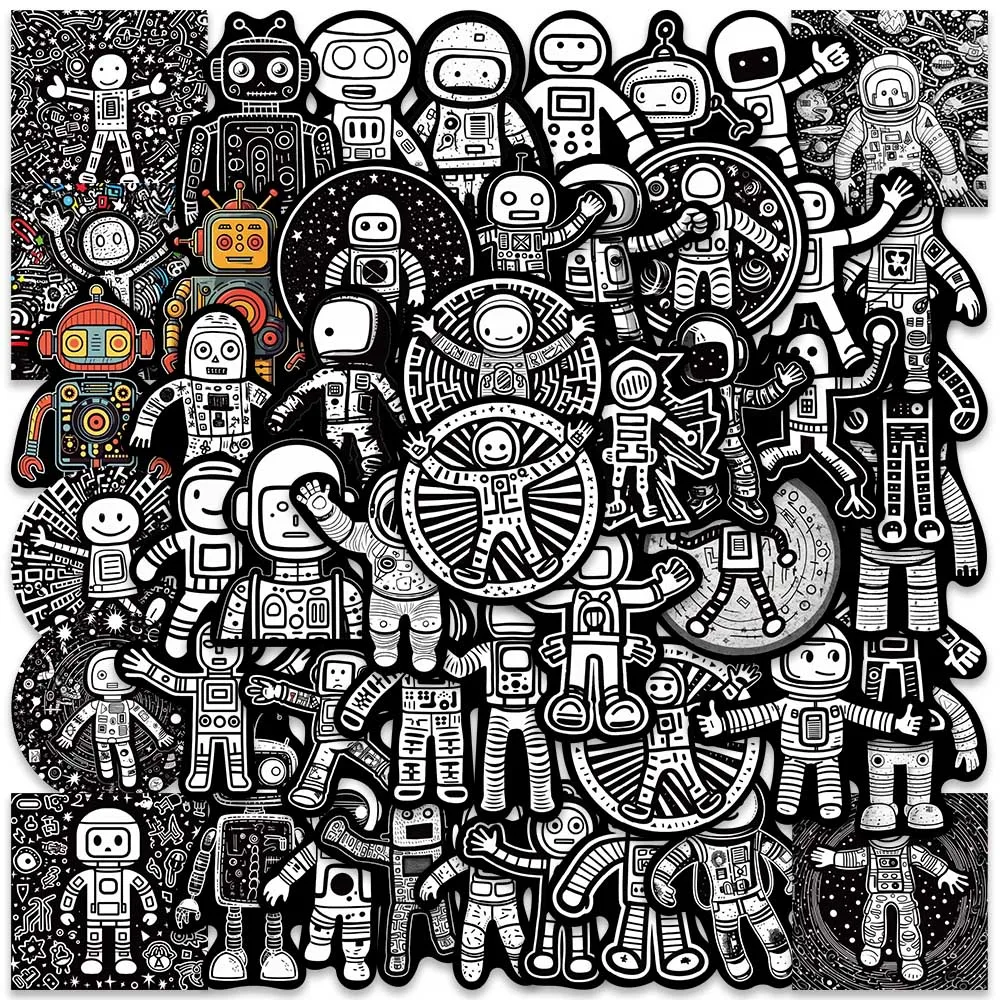 

50pcs Funny Cartoon Black White Astronauts Robots Stickers For Laptop Guitar Luggage Skateboard Waterproof Graffiti Decals