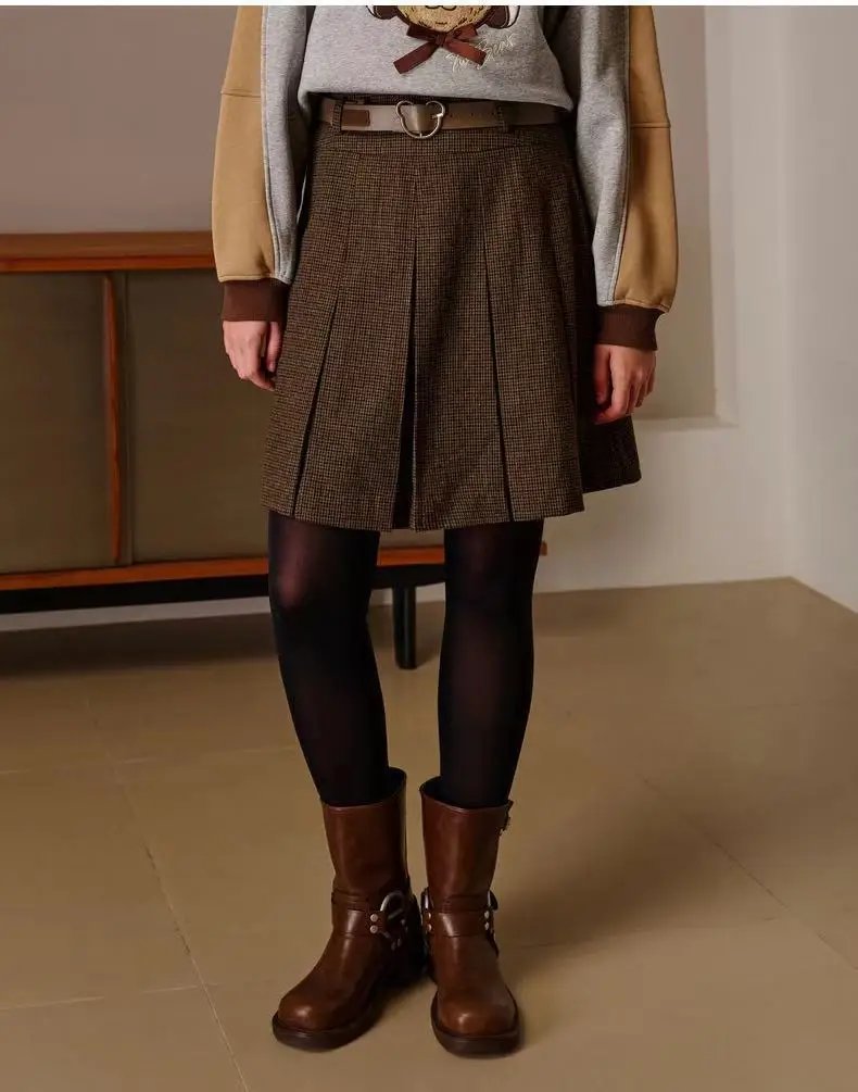 

Winter Brown Color Pleated Skirt , High Waist Belt Long Skirts For Women, Thick Clothes, y2k חצאית לבנה לנשים traf