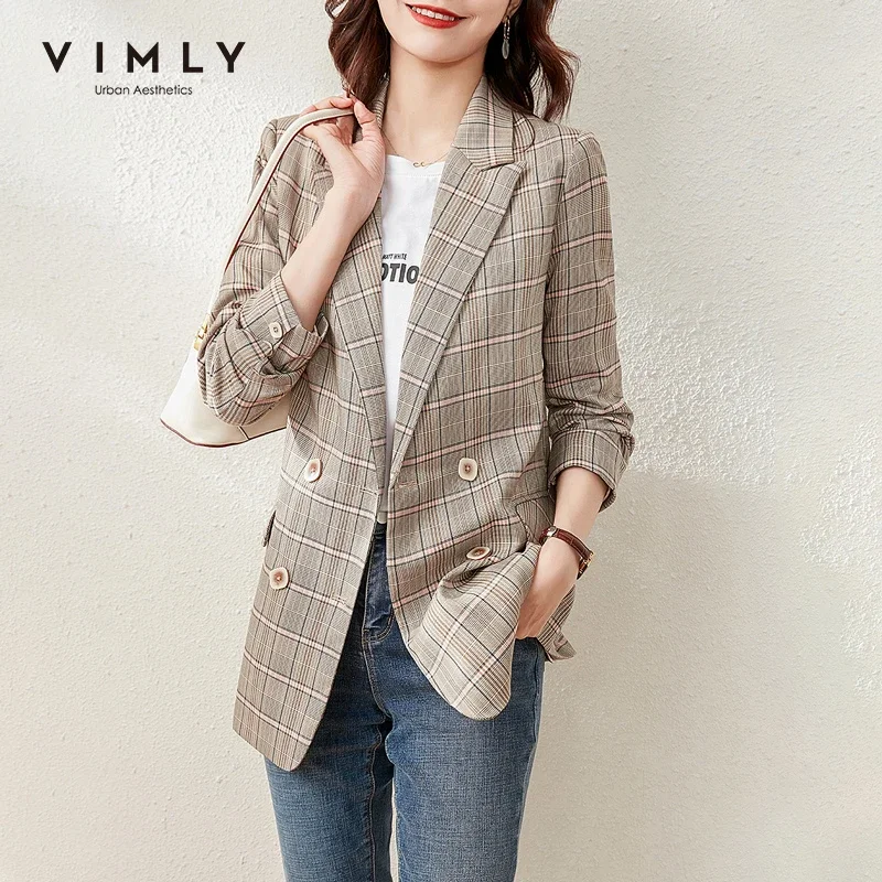 VIMLY Elegant Plaid Blazer for Women 2024 Spring Fashion Notched Double-breasted Jacket Ladies Suit Coat Female Clothes F6208