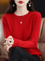 Fashion 100% Merino Wool Women's Sweater O-Neck Long Sleeve Pullover Spring Autumn Winter Basic Jumper Clothing Knitwear Tops - Image 4