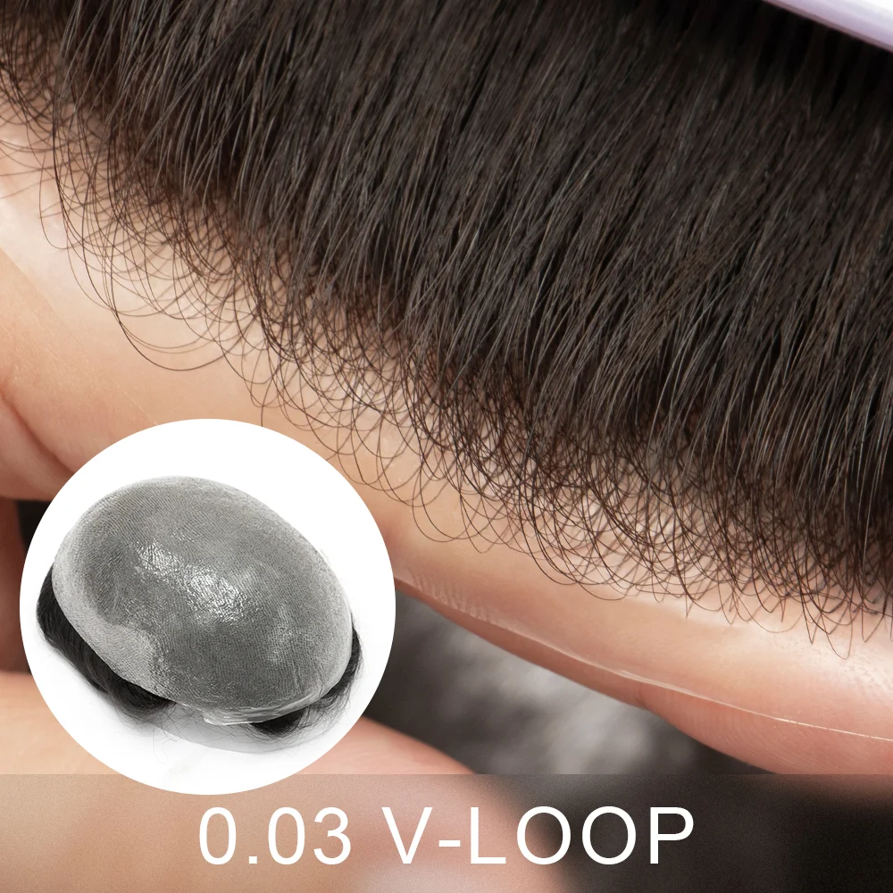 Men Toupee Wig Natural Hairline V Loop Thin Skin Male Wig Remy Human Hair Grey 0.03mm Men's Capillary Prosthesis Hair System