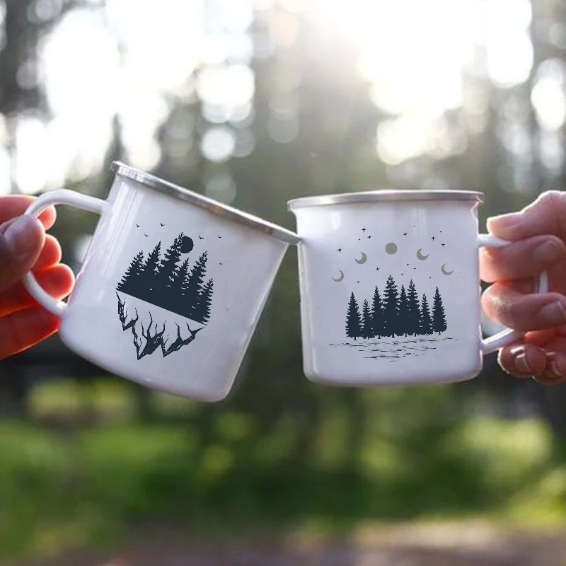 

Night Forest Mountain Print Enamel Creative Coffee Tea Water Milk Cups Camping Mugs Handle Drinkware Vacation Hiking Mug Gifts