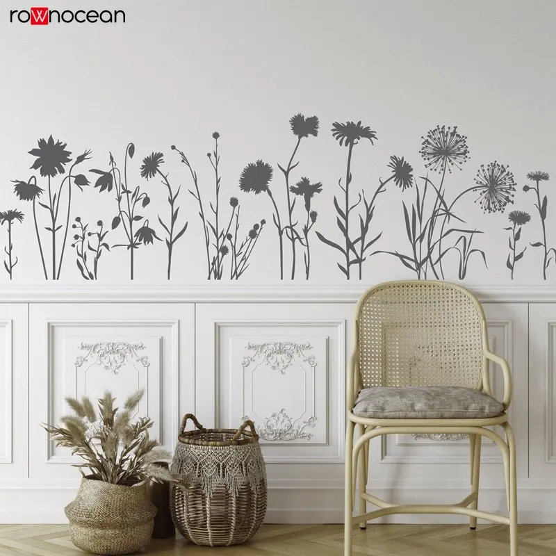 Autocollant mural floral avec fleurs dessinées à la main, décoration de  jardin pour salon et pépinière, E786 - AliExpress