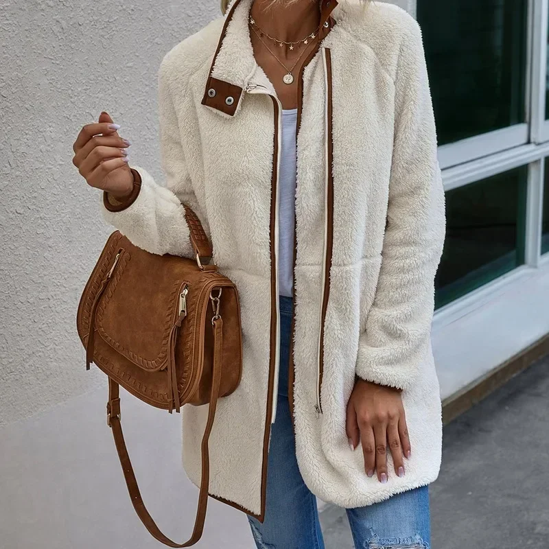 Long Sleeve Pocket Zipper Coat Warm Winter Mid-length Coat Winter 2024 Fashion Ladies Loose Solid Color Casual Jacket