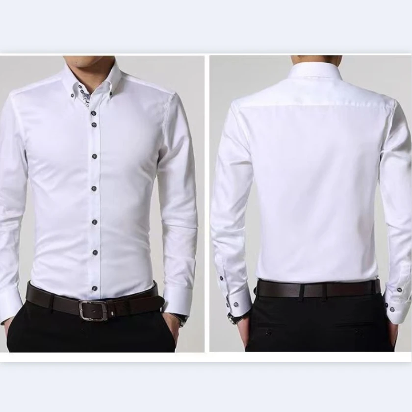 High Quality Men's Shirts with Retro Blue and White Porcelain Collar Long-sleeved Slim Fit Dress Shirts Business Casual Style