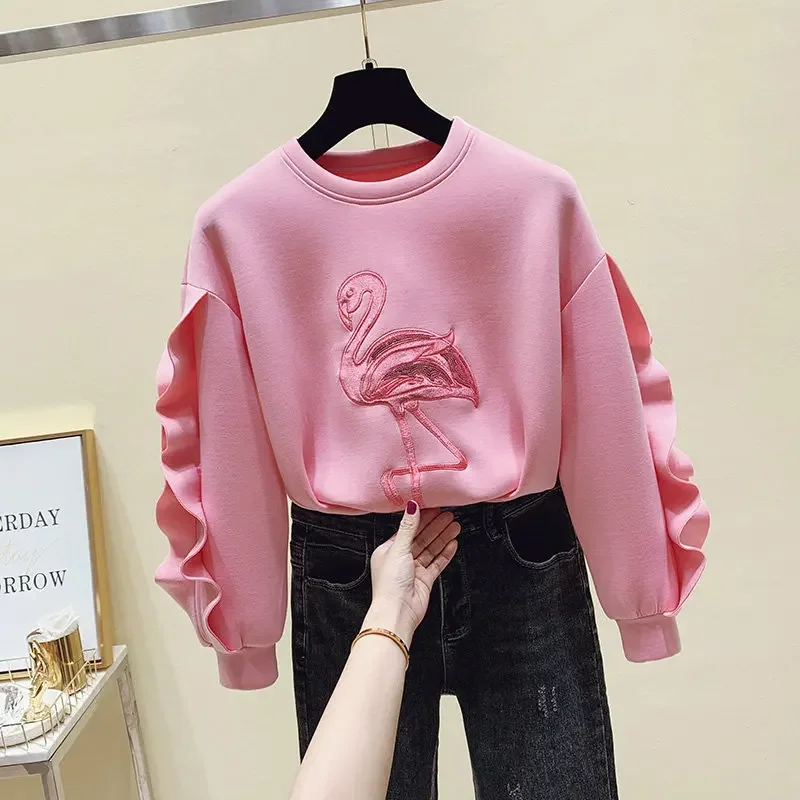 Women Long Sleeve Casual Pullover Fashion Korean Style Animal Embroidery Sweatshirt Autumn Winter New Ruffles Splicing Pink Tops