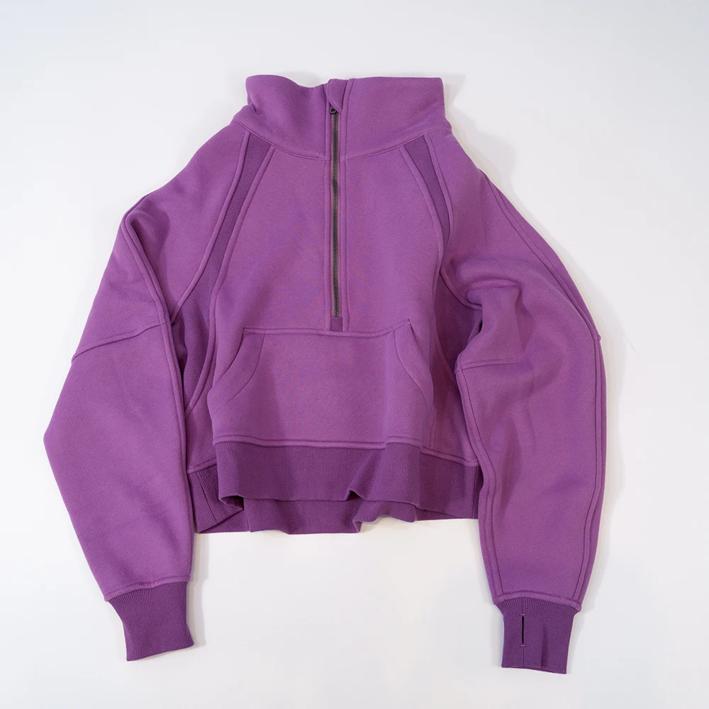 Nylon autumn and winter new women's hoodie sports semi zippered stand up collar plush outdoor running warm jacket loose