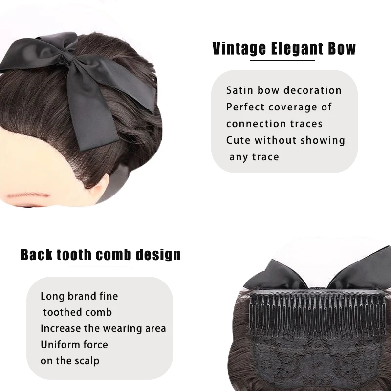 LUPU Princess Roman Style Curly Ponytail, Black Bow Retro Wig Extension Easy to Stretch Comb Style Wig Suitable for Women