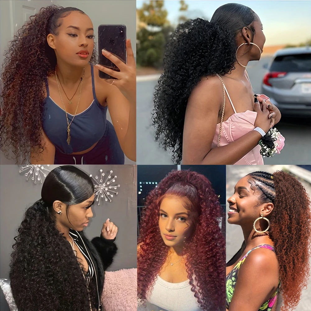 드로스트링 포니테일 익스텐션 곱슬곱슬한 포니테일 인모 브라질리언 버진 레미 클립인 포니테일 헤어피스 여성용