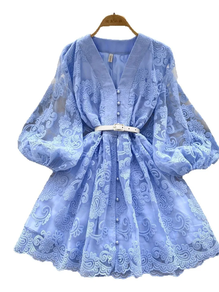 Wmstart dresses for women Sweet V neck lantern sleeves embroidered slimming single breasted A line elegant dress 2025