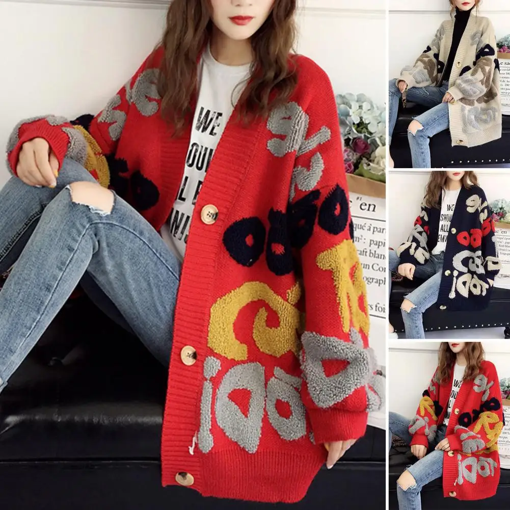 

Свободная трикотажная одежда, удобный вязаный свитер, пальто для женщин, Свободный кардиган средней длины с буквенным принтом, толстая зимняя куртка