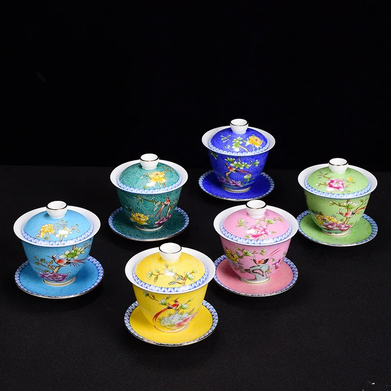 Exquisite Enamel Color Tea Cup Set Hand Painted Flower And Bird Master Cup Tea Bowl With Saucer Porcelain Kung Fu Teacup