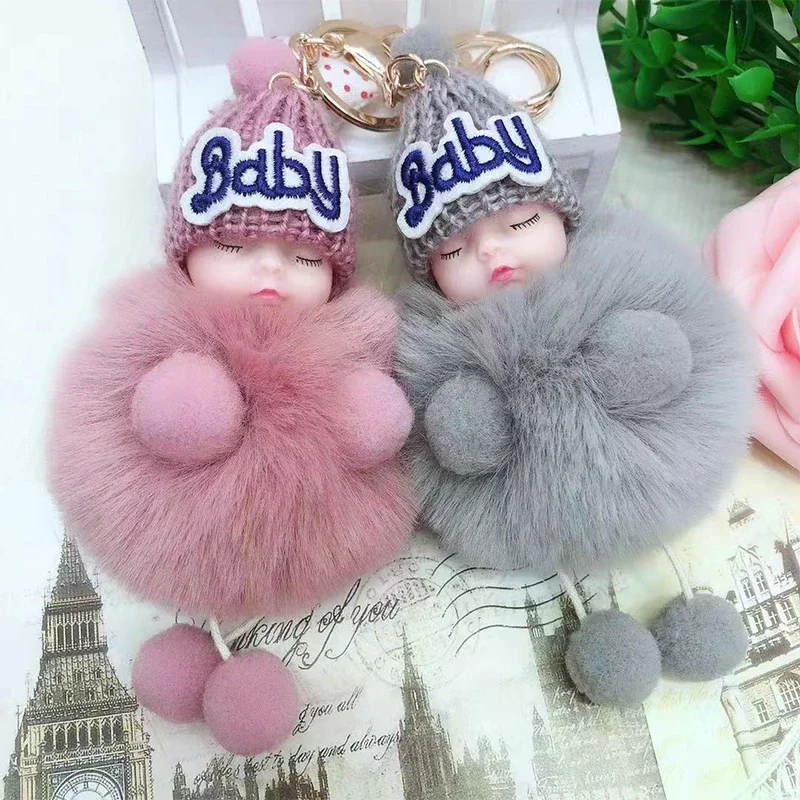 Cute Cartoon Sleeping Doll Keychain Fur Ball Plush KeyChain Keyring Women Handbag Car Key Holder Bag Pendant Toys For Kids Gift