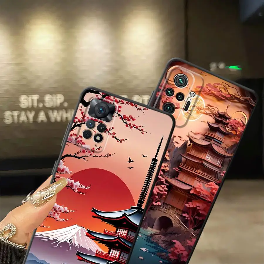 Japanese Ancient House Painting Black Soft Phone Case