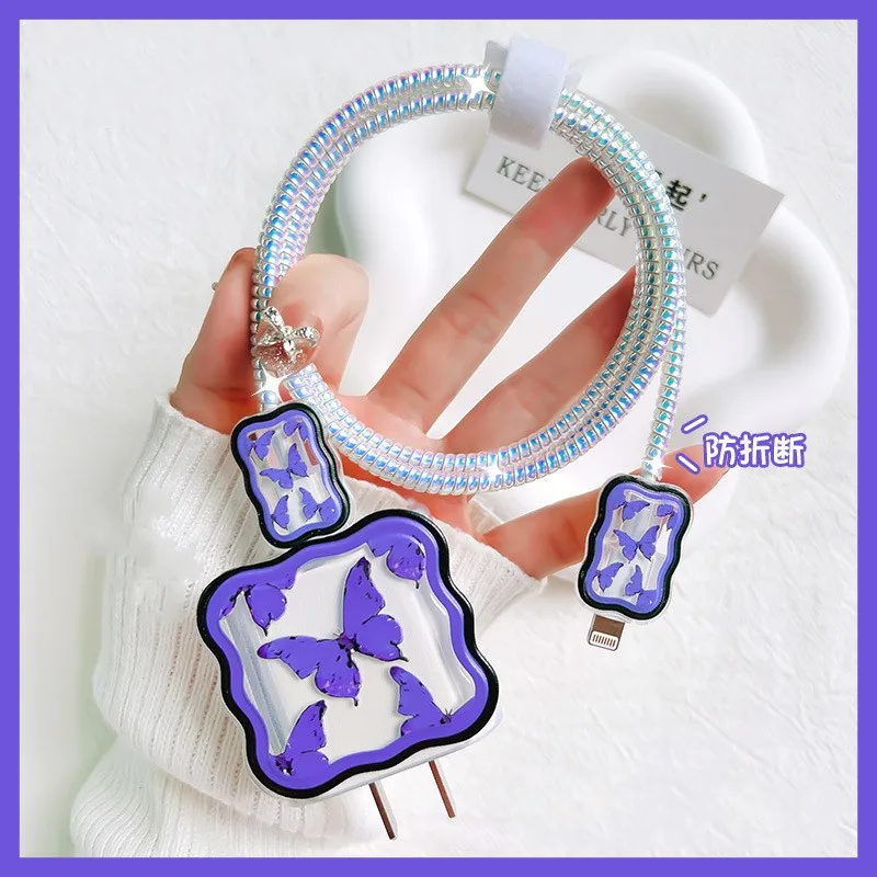 Ins Cute Purple Butterfly Wave Custodia Per Caricabatterie In Silicone Per Apple Iphone 18W/20W Us Fast Charger Protection Cover Data Line Winder