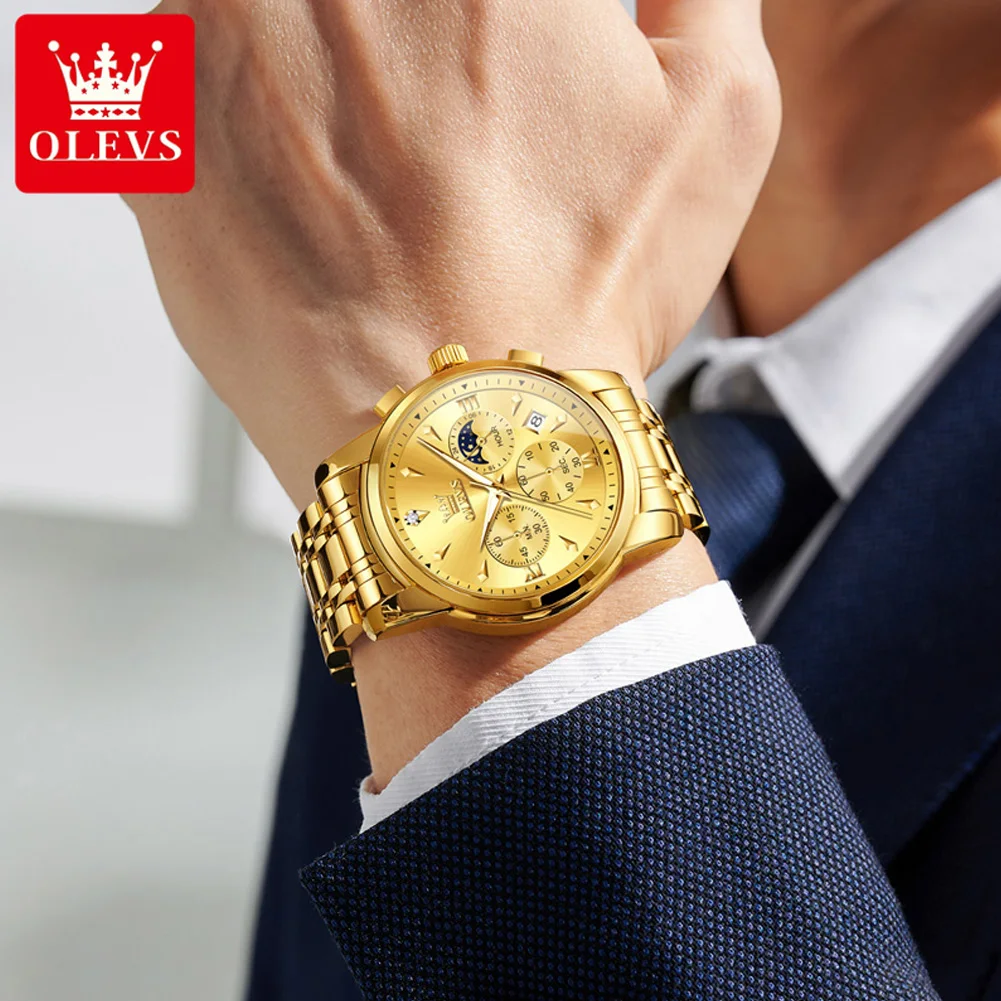 OLEVS 3639 Man Watches Moon Phase Quartz Watch For Men Fashion Chronograph Luxury Wristwatch Waterproof Luminous Date Hand Clock