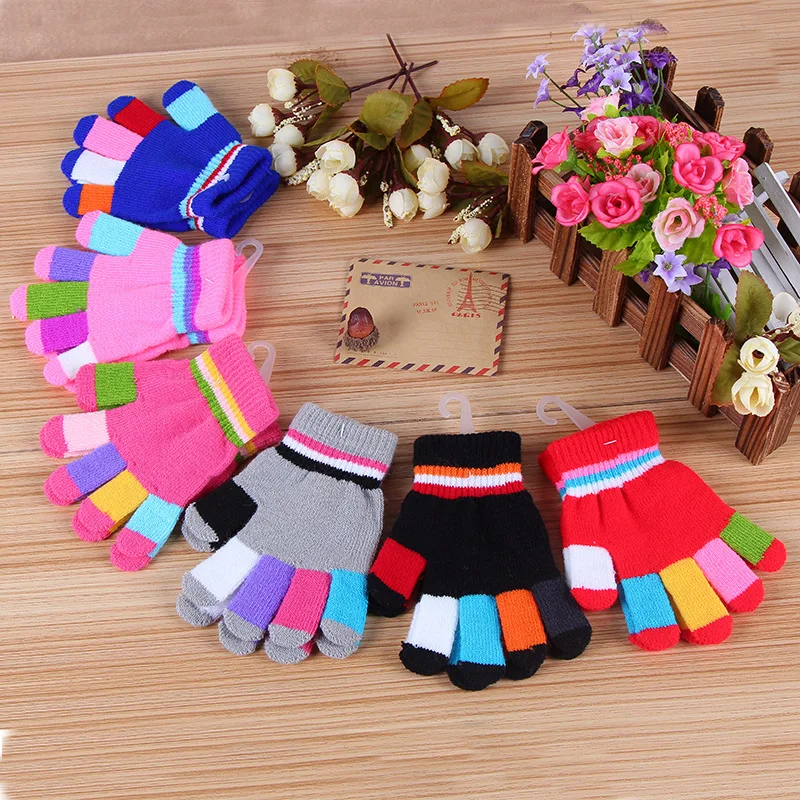 Winter Kids Knitted Gloves Rainbow Stripe Boys Girls Warm Mittens Autumn Colorful Children Elastic Full Finger Glove