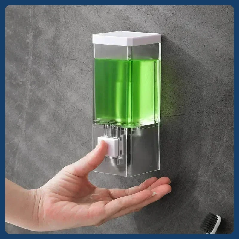 เครื่องจ่ายสบู่แบบกดมือ ไม่ต้องเจาะผนัง ติดผนังแบบไม่ทิ้งรอย ขวดใส่ยาฆ่าเชื้อแบบใส สำหรับห้องน้ำ 1