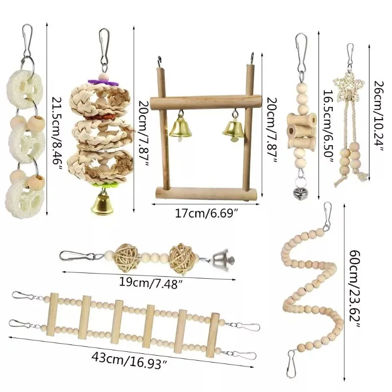 8Pcs Bird Cage Toys For Parrots Wood Birds Swing Reliable Chewable Bite Bridge Wooden Beads Shape Parrot Toy Bird Toys Set parrot toy,bird toy,bird cage accessories,bird swing toy