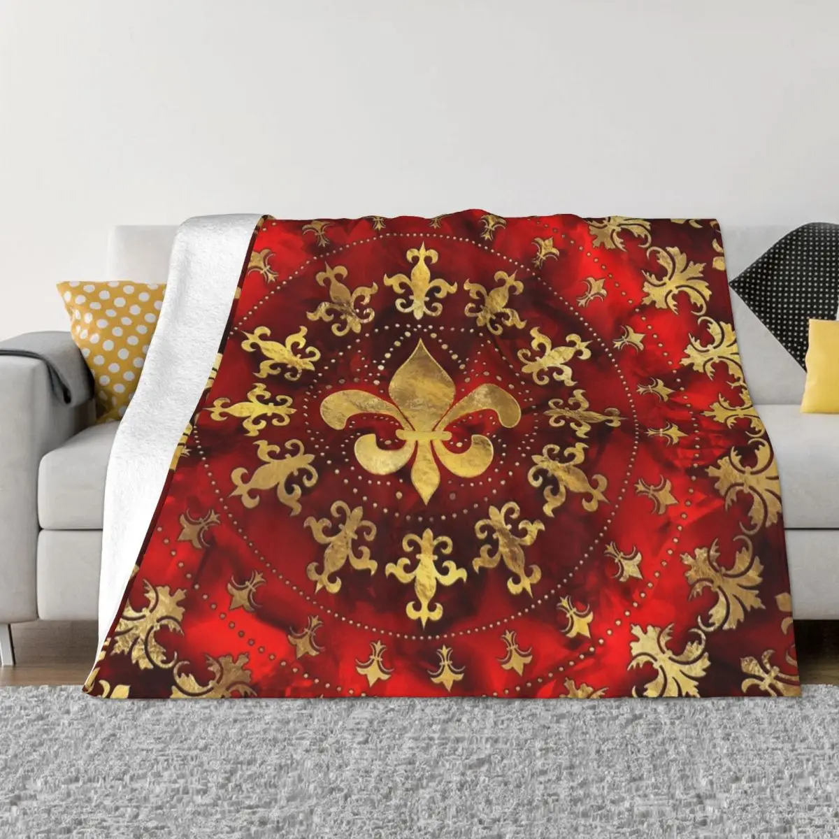 

Fleur-De-Lys Ornament Red Marble And Gold Blankets Flannel Winter Lily Flower Soft Throw Blanket for Bedding Bedding Throws