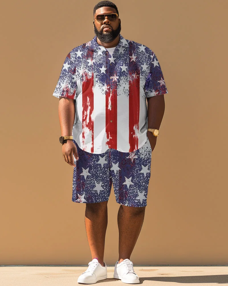 Biggmans Plus Size L-9Xl Plus Size Men's Clothing Independence Day Flag Car Printed Short Sleeve Shirt Shorts Suit Set