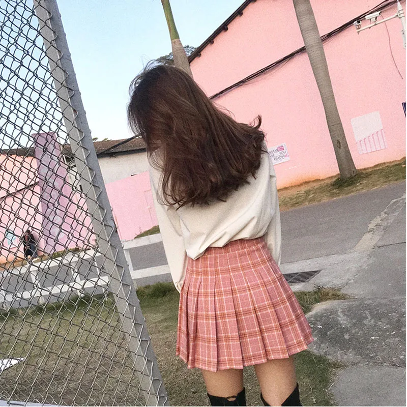 Pleated Skirt Female Student Korean Style Spring Summer Y2k New High Waist Slimming College Style A- Line Pink Plaid Skirt Women 6