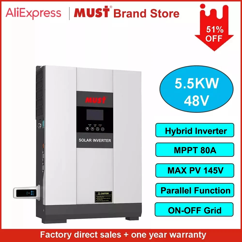 MUST PH18000 Plus 5KW 5.5KW 48V Home Hybrid Solar Inverter MPPT 80A PV 145V  Parallel WIFI On Off Grid Solar System