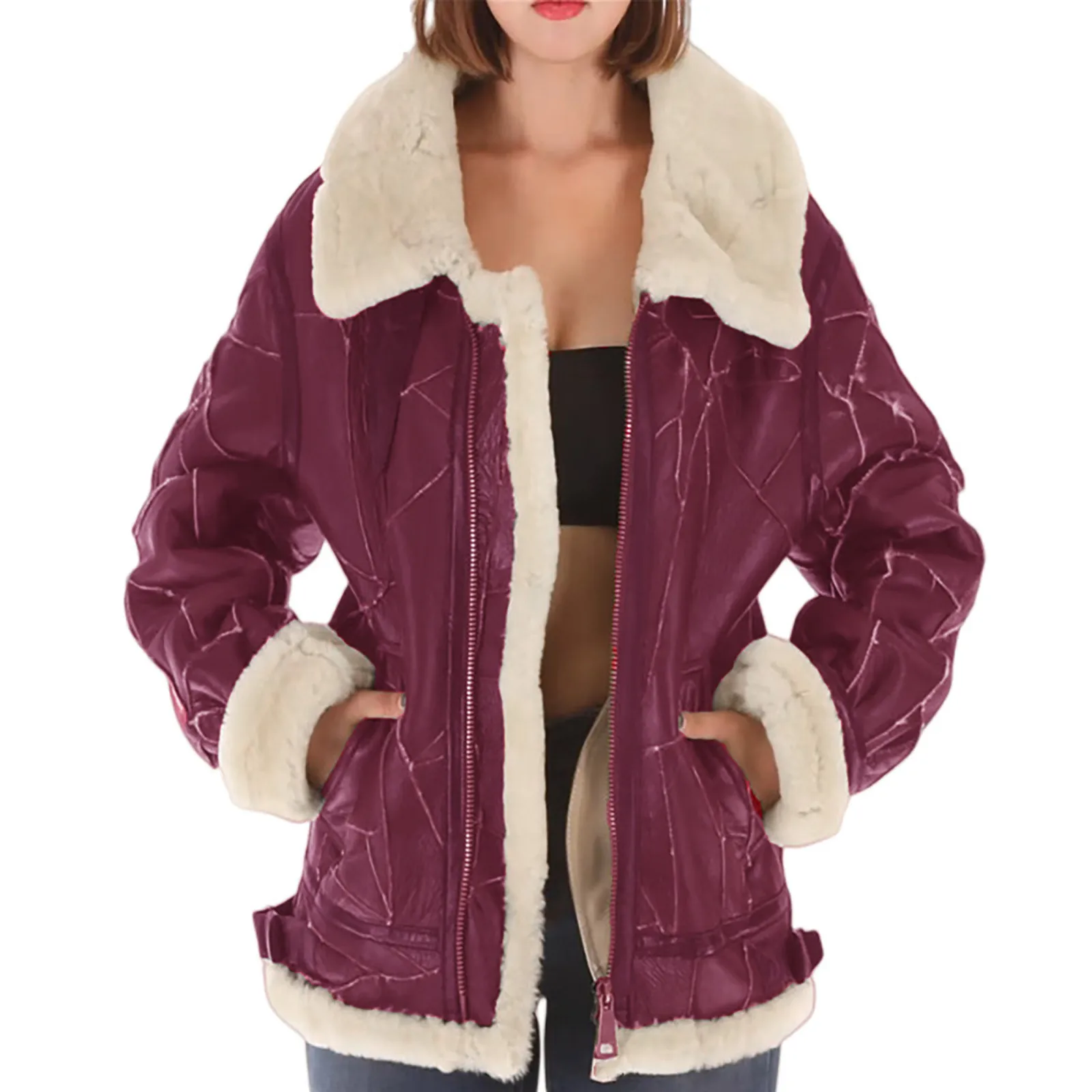 

Jacket Bomber-Coat Motorcycle Jacket Female Fashion Oversize Loose Lamb Jacket For Women New Turn-Down Thick Collar Casual Coats