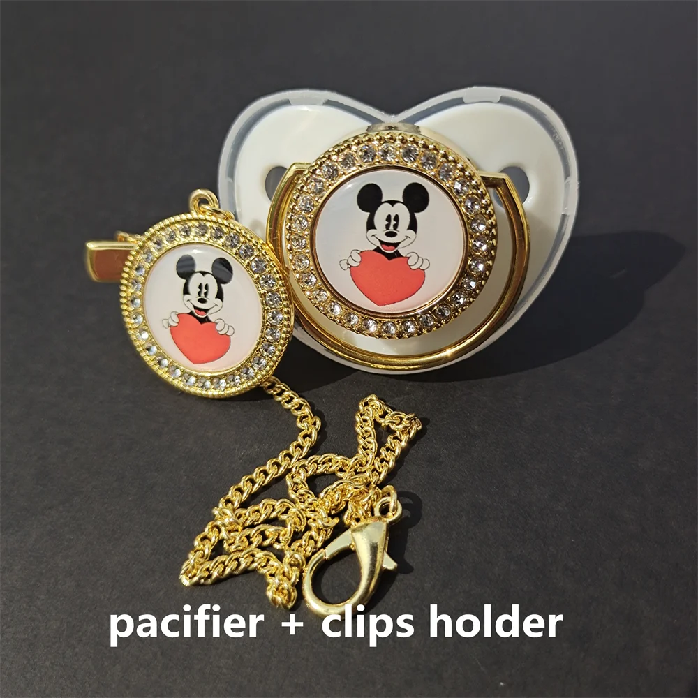 [1 Set] Disney Deluxe Mickey Pacifier With Chain Clip Bling Newborn Baby Girl Boy Pacifier Unique Baby Shower Gift Chupetes0-24M