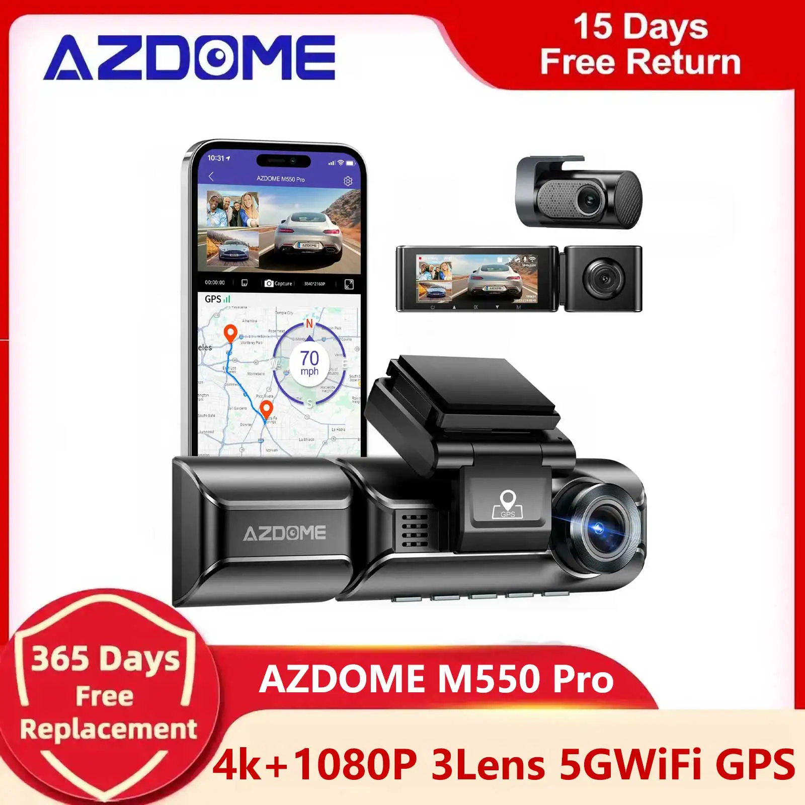 

Upgrade Car DVR M550 Pro Dash Cam 4K 5.8Ghz WiFi 3 Cameras Front/Cabin/Rear Cam GPS Anti Vibration Night Vision Parking Monitor