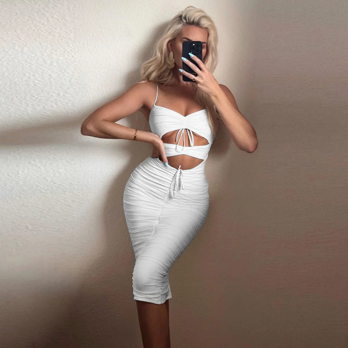 

Bangniweigou 2024 Camisole Style Women's Long Dress Summer Hollow Ruched V-neck Sexy Bandage White Shealth Celeb Elegant Robe