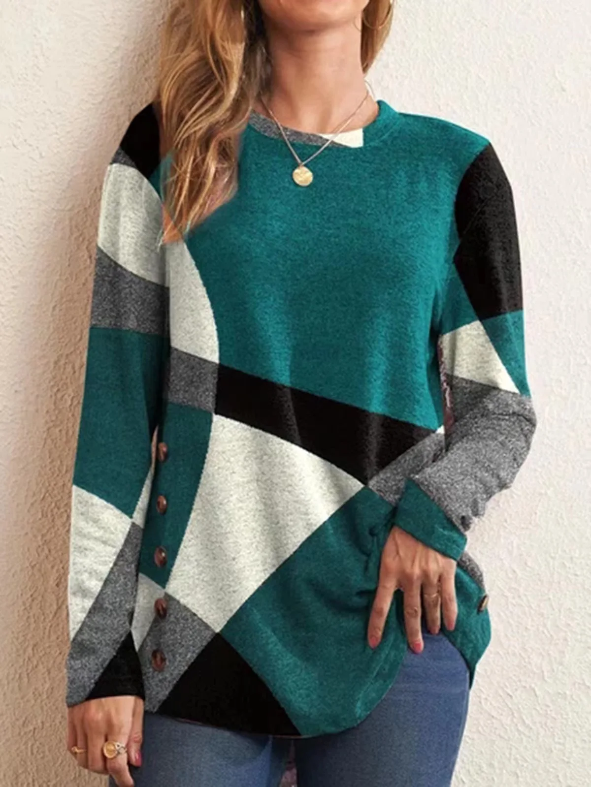 European and American Women Casual Color Block Long Sleeve Buttons Top Dressy Casual Geometric Tunic Tops Crewneck T761_voghion.com