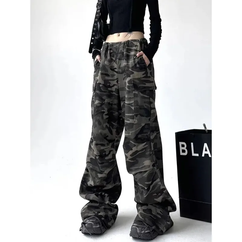 Deeptown Camouflage Cargo Pants for Women High Street Vintage Baggy Jeans Hippie High Waist Gyaru Straight Denim Trousers Korean