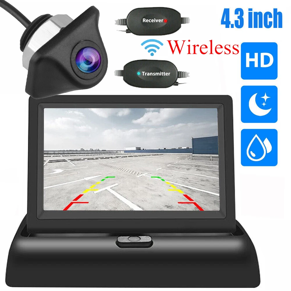 Wireless Foldable Car Monitor 4.3-inch TFT LCD HD Parking Monitor Night Vision With Reverse Camera for Car MPV RV SUV Parking
