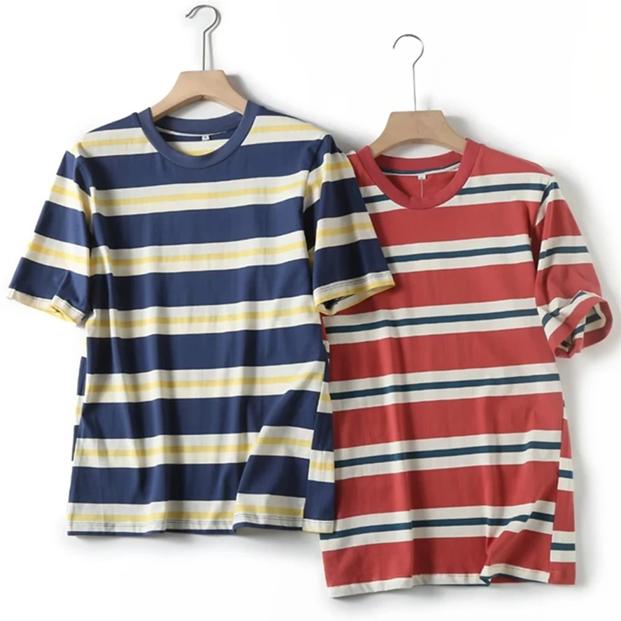 

Jenny&Dave 2024 Summer Boyfriend Style Couple Striped T-shirt Japanese Simple Loose Round Neck Cotton Top S-XL