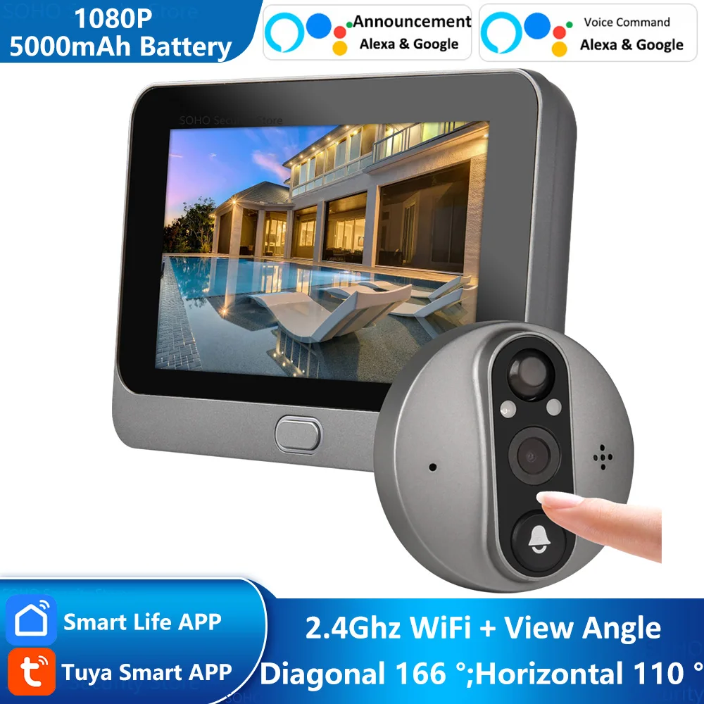 308343-6a65f8.jpg S5087752c7efc489c9ff11a5ba44f257ao Smart Life Tuya 1080P WiFi Door Bell Eye Peephole Camera 5000mAh Battery PIR Motion Detector IR Alexa Google Home Digital Viewer Mallzona