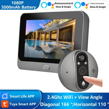 스마트 라이프 Tuya 1080P WiFi 도어 벨 눈 틈 구멍 카메라 5000mAh 배터리 PIR 동작 탐지기 IR Alexa Google 홈 디지털 뷰어