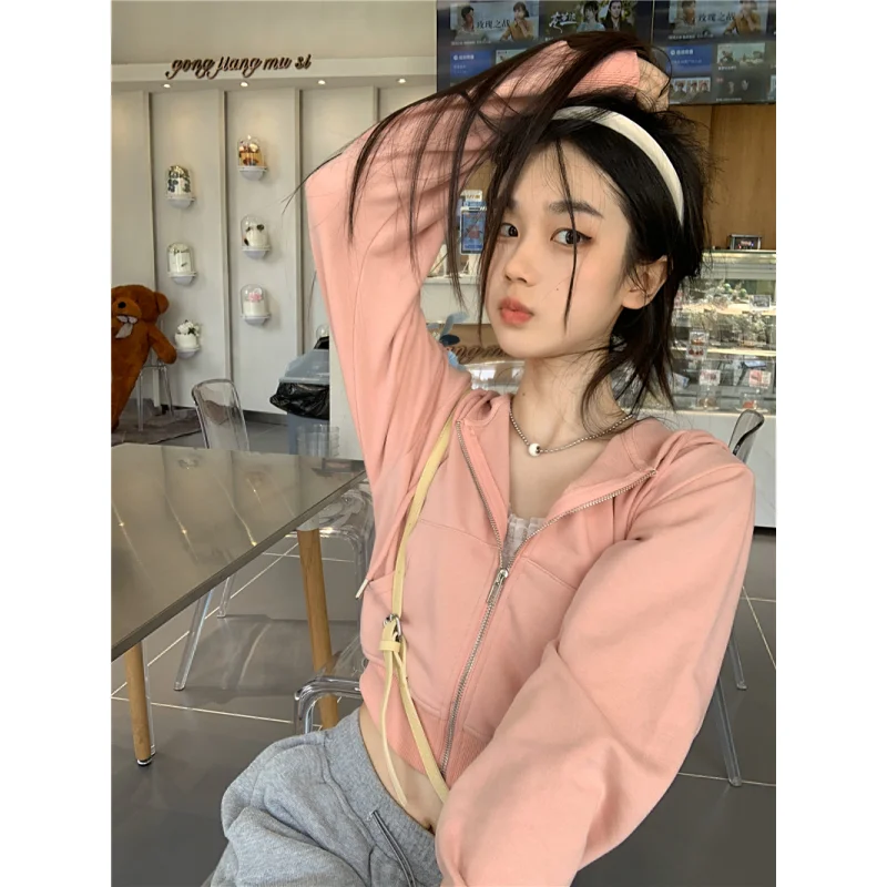 

Pink Women Sweatshirt Letter Hooded Cardigan Coat Vintage Long Sleeve Korean Fashion Casual Y2K Style Autumn Female Solid Tops