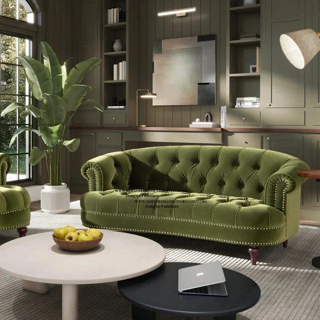Nordic Modern Velvet Button Rivet Fabric Three Person Sofa Hotel Caf é Living Room Curved Furniture 1