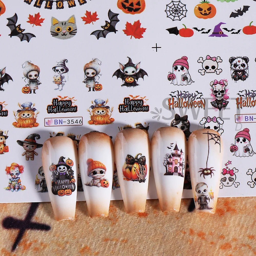 12pcs Halloween Print Water Nail Sticker Spooky Ghost Pumpkin Skull Bat Transfer Sliders Watermark Holiday Manicure Accessories