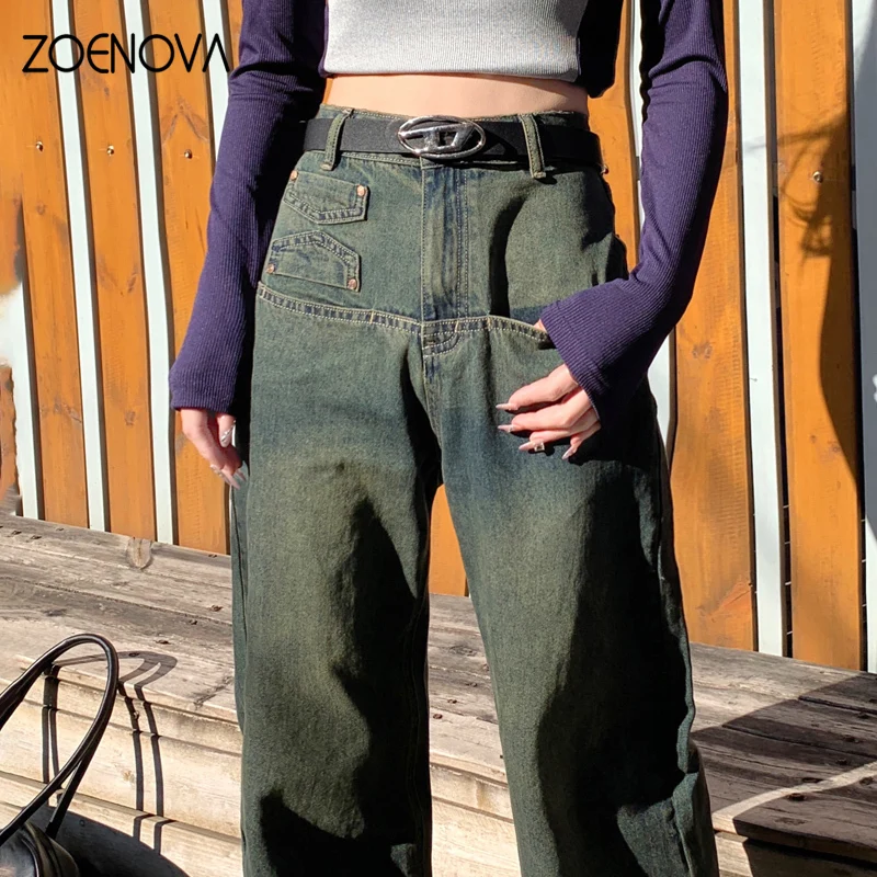 ZOENOVA 아메리칸 레트로 스트리트 2024 용수철 와이드 레그 팬츠, Y2K 향수 90 년대 하이 웨이스트 탄성 스트레이트, 다목적 여성 청바지, 신제품