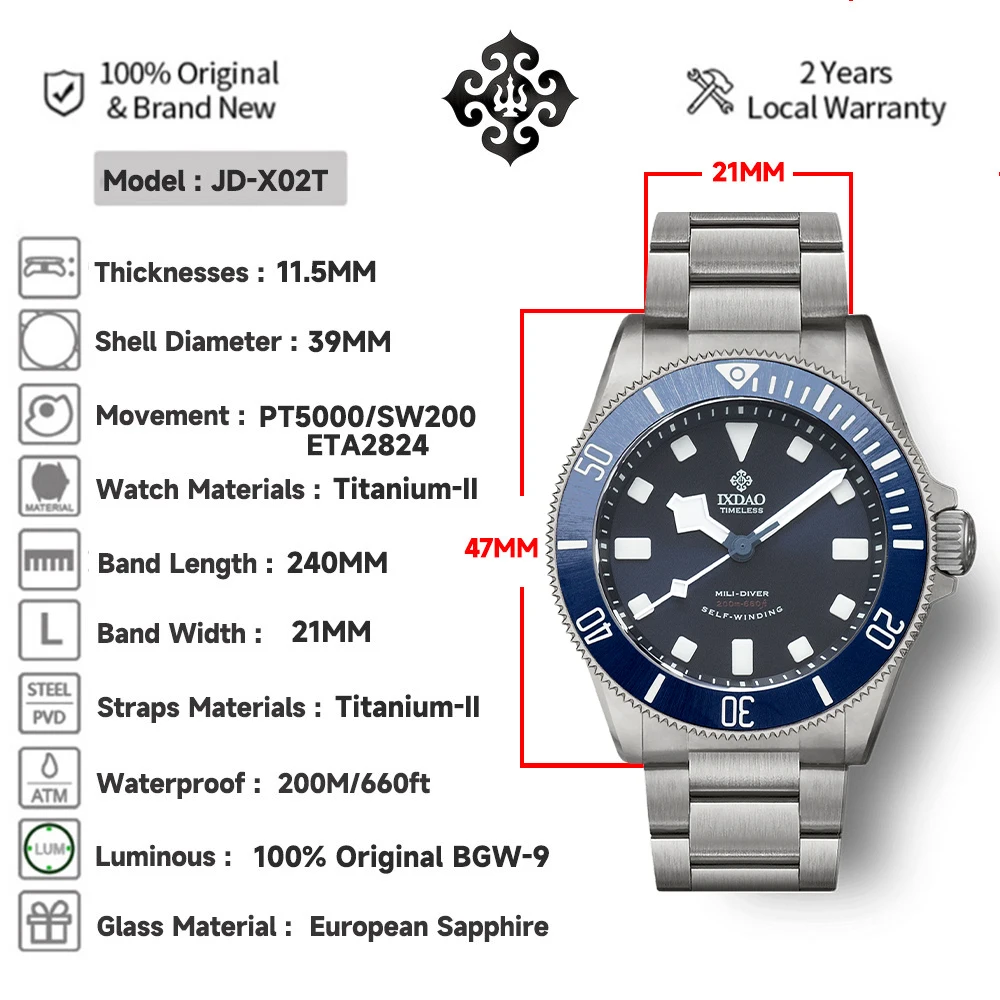 IX&DAO 2023 New Titanium Shell Men's Simple Leisure Automatic Mechanical Watch 200M Waterproof Stainless Steel Watch Watch For M