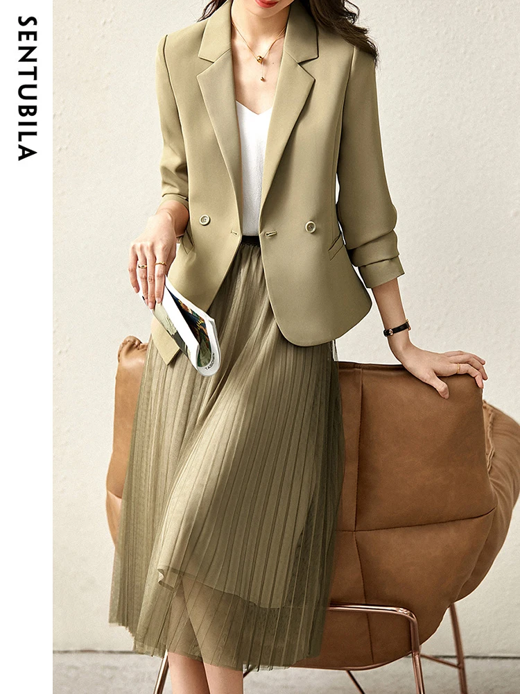 

SENTUBILA Elegant Womens Outfits 2023 Autumn Fashion Folds A Line Skirt Suit Office Ladies Fashion Notched Blazer Two Piece Set