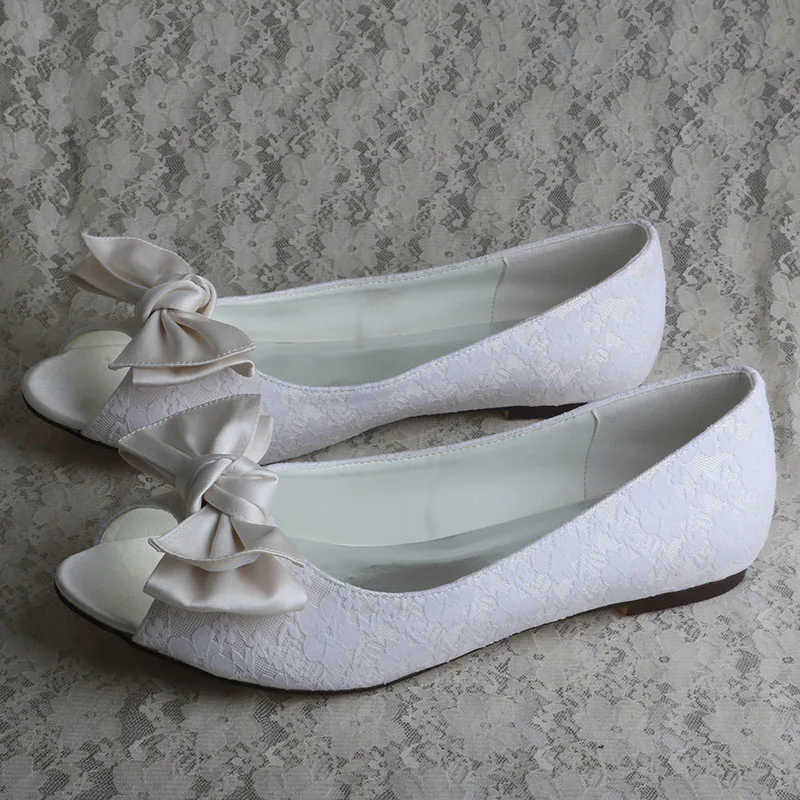 

Wedopus Offwhite Flat Shoe Laces Open Toe Ladies Bowtie Flat Shoes Wedding Big Size