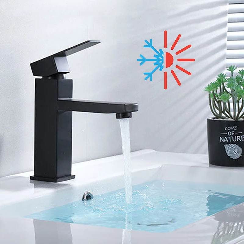 

Basin Sink Faucets Bathroom Deck Mounted Hot Cold Water Basin Mixer Tap Washbasin Faucet Stainless Steel Black Lavatory Sinks